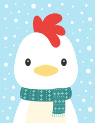 cartoon winter card of chicken on snow background