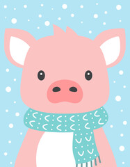 cartoon winter card of pig on snow background