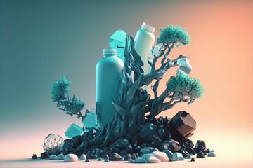 Ai generated illustration with bottles among trees and stones - the concept of ecology