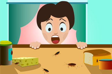 Cockroaches and insects crawl at home, a man saw cockroaches and got scared. Vector illustration with character