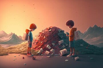 An ai generated illustration of two little boys next to a pile of garbage