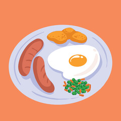 Breakfast full of protein from sunny side up egg, sausages, and chicken nugget. Telur mata sapi. Food drawing with cartoon flat simple art style and color, isolated on orange background.