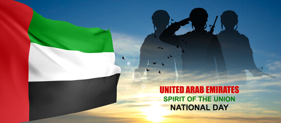 Silhouette of a soldiers on background of the sunrise and UAE flag. Concept for Commemoration Day, Martyrs Day