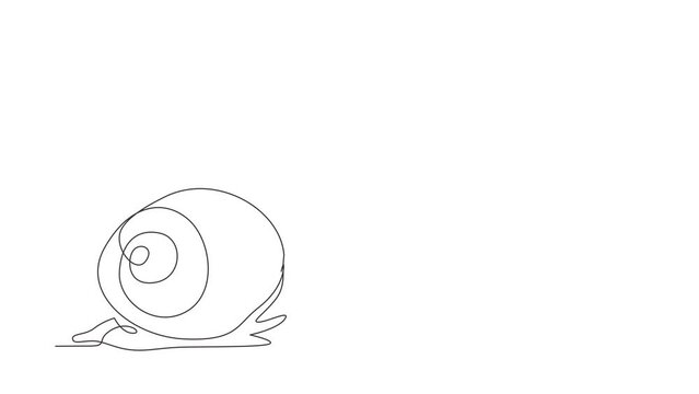 Self drawing animation of single line draw common garden snail crawling. Snail animal mascot for food logo. High nutritious escargot healthy food concept. Continuous line draw. Full length animated