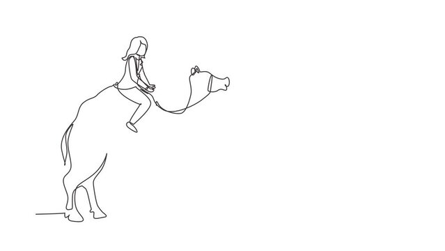 Animated self drawing of continuous line draw businesswoman riding camel. Investment, bullish stock market, rising bonds trend. Successful business woman trader. Full length single line animation