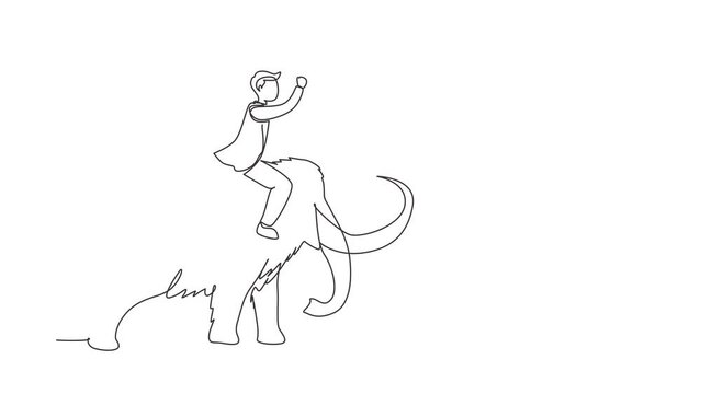 Animated self drawing of continuous line draw businessman riding dangerous mammoth. Professional entrepreneur character fight with predator. Successful business man. Full length one line animation