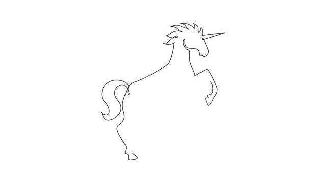 Animated self drawing of continuous line draw unicorn lift two front legs. Black jumping fictional fairy animal. Magical unicorn running on wind. Childhood fantasy. Full length single line animation