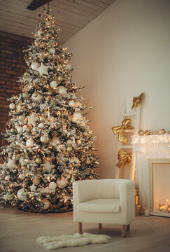 Christmas decor. Holiday at home. Christmas room with a beautiful Christmas tree. High quality photo