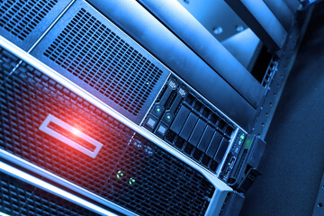 The server room tells the computer server that is working continuously. Convey the power and...
