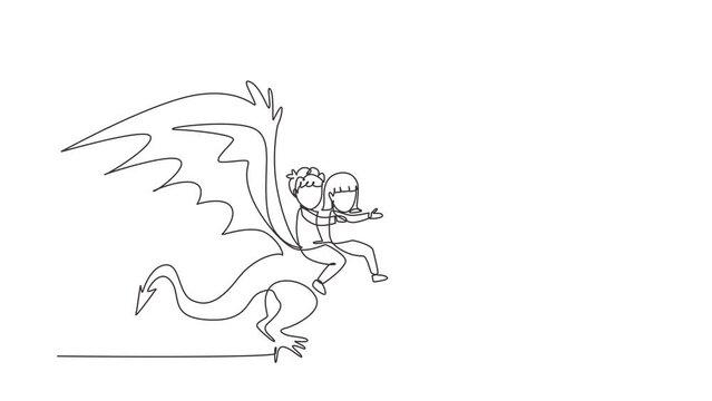 Self drawing animation of single line draw boy, girl flying with fantasy dragon. Children fly, sitting on back dragon at the sky. Kids imaginary fairytale. Continuous line draw. Full length animated