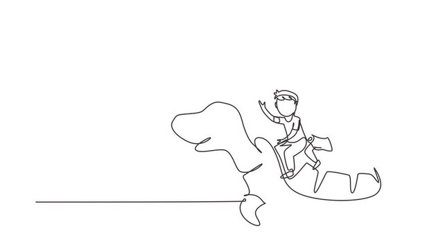 Animated self drawing of continuous line draw boy, girl riding sea turtle. Children sitting on back tortoise with fins diving in beach. Kids learning to ride turtle. Full length single line animation