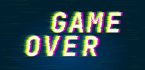 Game over. Glitch style digital font quotes. Typography future creative design. Trendy lettering modern concept. Green and pink distorted channels. Vector