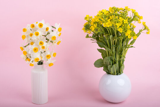 ピンクバックの花瓶に挿した菜の花と水仙の花