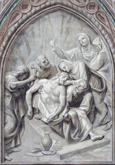 Fototapeta na wymiar BIELLA, ITALY - JULY 15, 2022: The fresco of Burial of Jesus in Cathedral (Duomo) by Giovannino Galliari (1784).