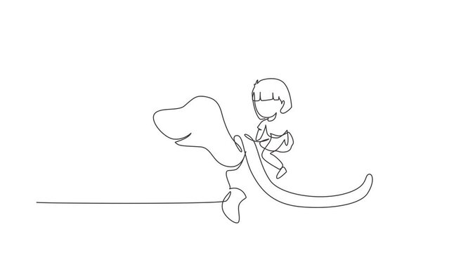 Self drawing animation of single line draw girl riding sea turtle. Child sitting on back tortoise with fins diving in beach. Kids learning to ride turtle. Continuous line draw. Full length animated