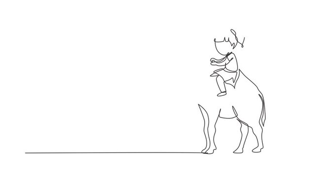 Animated self drawing of single continuous line draw happy little girl riding camel. Child sitting on hump camel with saddle in desert. Kids learning to ride camel. Full length one line animation