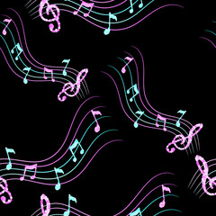 Music notes seamless pattern. Wavy notes and treble clef. Glitter print. Packaging template, textiles, bed linen and wallpaper.