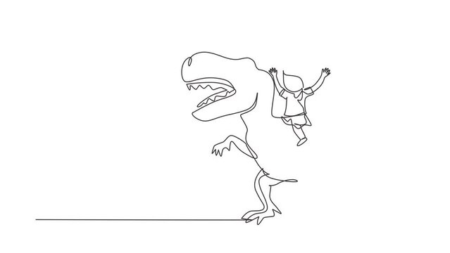 Animated self drawing of continuous line draw girl caveman riding t-rex tyrannosaurus. Young kid sitting on back of dinosaur. Stone age children. Ancient human life. Full length one line animation