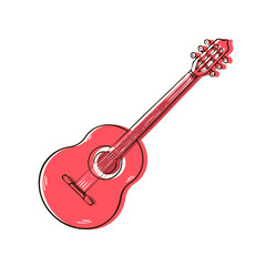 Classical red guitar. Stringed musical instrument. Cover design. Vector black and white isolated illustration. Hand drawn outline sketch