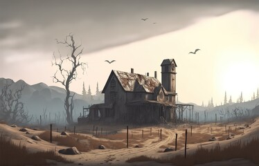 Nazwy oryginalne: abandoned oldranch on clay ground, gray and lost background on wilderness, cartoon style, illustration for fairytale, cartoon style, illustration for fairytale