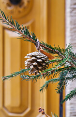 Close-up of pinecone clinging to Christmas tree in front of vintage yellow door. Christmas time. Handmade Christmas decorations zero-waste and no plastic concept