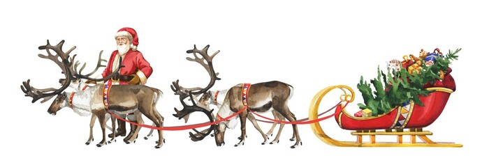 Watercolor Santa Claus and reindeer are preparing for the New Year