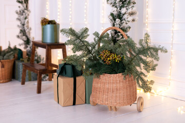 Spruce branches in basket. Christmas tree branches in vase. Natural Xmas composition from spruce branches and berries. Christmas bouquet of fir branches and many gifts.