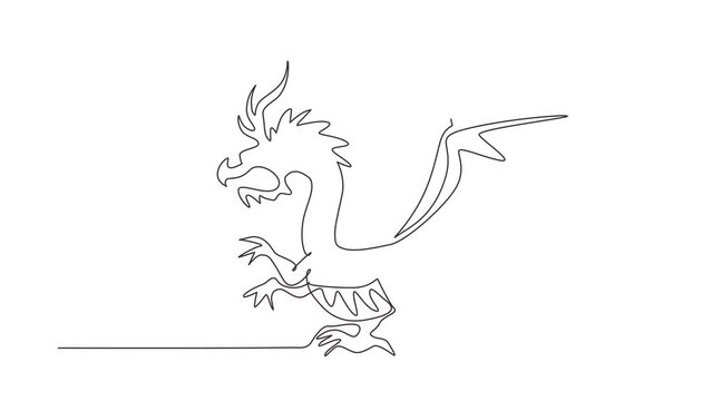 Animated self drawing of continuous line draw fairy dragons. Funny fairytale dragon, magic lizard with wings, fire breathing serpent. Flying dragon medieval reptile. Full length single line animation