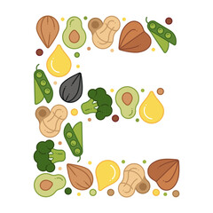 Vitamin E poster. Composition of foods rich in vitamin E in the shape of the letter. Vector illustration