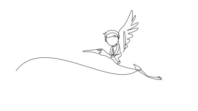 Self drawing animation of single line draw little boy flying with stork. Child fly and sitting on back stork bird at sky. Kids learning to ride cute stork. Continuous line draw. Full length animated