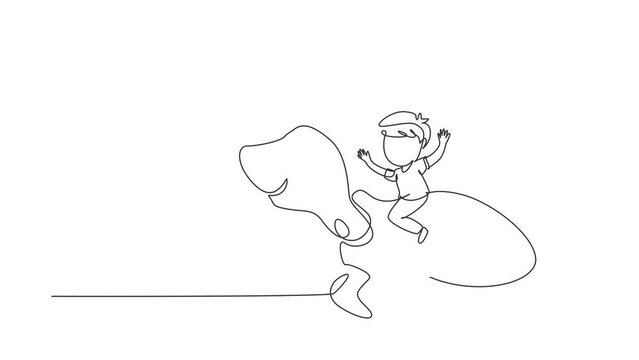 Animated self drawing of continuous line draw little boy riding sea turtle. Child sitting on back tortoise with fins diving in beach. Kids learning to ride turtle. Full length one line animation