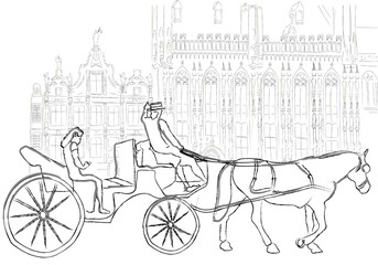 Naklejka na ściany i meble Woman tourist traveling in the city in a horse carriage Vector line art