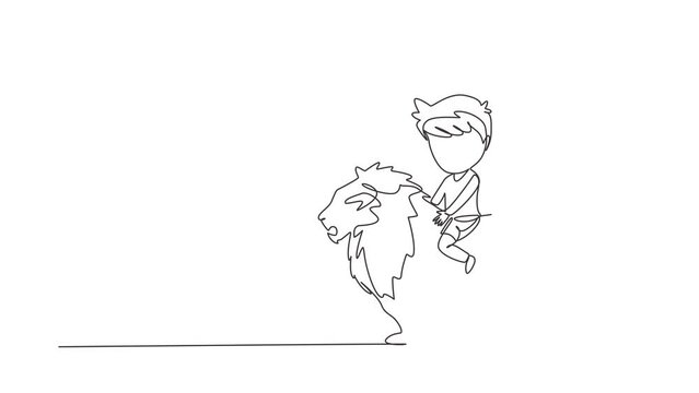 Animated self drawing of single continuous line draw happy little boy riding lion. Child sitting on back big lion at circus event. Kid learning to ride beast animal. Full length one line animation