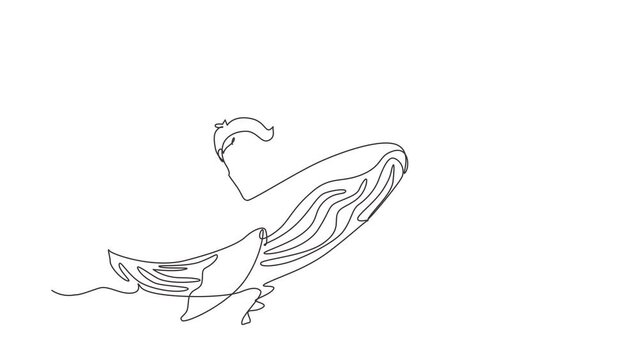Self drawing animation of single one line draw little boy riding blue whale. Young kid sitting on back of whale. Cheerful child on back of large blue whale. Continuous line draw. Full length animated