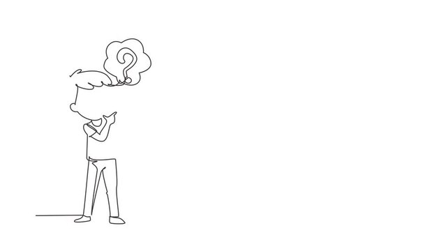 Animated self drawing of continuous line draw cute boy thinking. Kids think creative idea. Bubble with question mark sign. Concept of learning and growing children. Full length single line animation