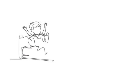 Self drawing animation of single one line draw boy wake up and still yawning, still lying in bed under blanket. Sleepy child on bed in late weekend morning. Continuous line draw. Full length animated