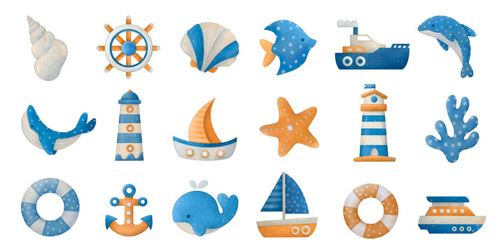 Watercolor marine set. Hand drawn illustration isolated on white background.