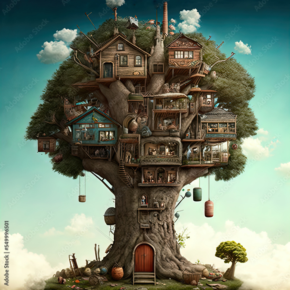 Wall mural fantasy treehouse. dwelling of magical creatures like elves, gnomes, goblins and fairies. - Wall murals