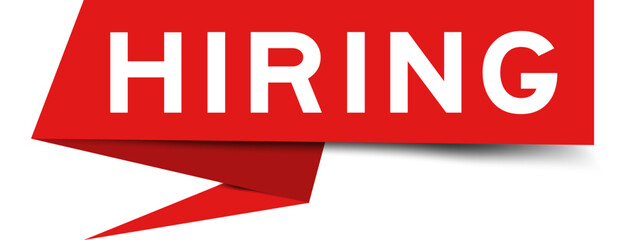 Red color speech banner with word hiring on white background