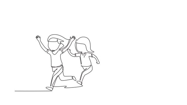 Animated self drawing of single continuous line draw children in athletics competitions. The girls run in stadium and finish. The child came running first and won. Full length one line animation