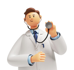 3d render. Doctor cartoon character wears white coat and holds stethoscope. Professional medical concept