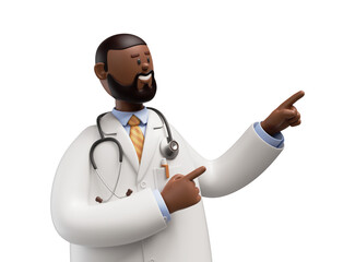 Fototapeta na wymiar 3d render. Doctor african cartoon character shows right, gives recommendation. Professional advice
