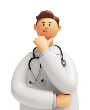 3d render. Doctor cartoon character wearing stethoscope, looking at camera and thinking. Professional consultation. Medical concept