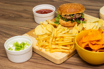 Fresh tasty hamburger and french fries