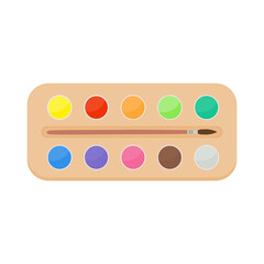 Painting supplies, color palettes, colorful tubes, watercolors, oil paints, acrylic paints.