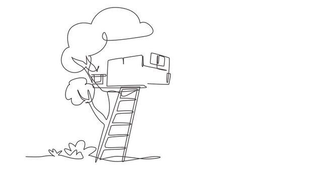 Animated self drawing of continuous line draw child on tree house, boy and girl playing on playground, treehouse with wooden ladder, place for kids games on summer. Full length one line animation