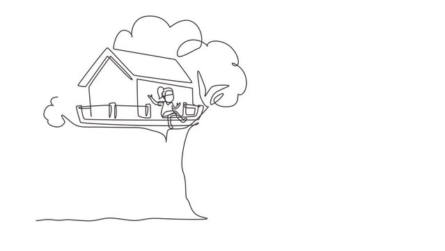 Animated self drawing of continuous line draw child on tree house, girl playing on children playground, treehouse with wooden ladder, place for kids games on summer. Full length one line animation