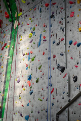 Rock climbing wall with climbing holds in gym