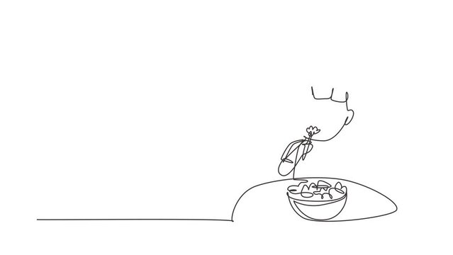 Self drawing animation of single one line draw little girl eating fresh vegetable salad and showing thumb up sign. Child eating salad. Healthy food for kids. Continuous line draw. Full length animated