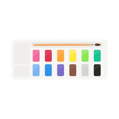 Painting supplies, color palettes, colorful tubes, watercolors, oil paints, acrylic paints.